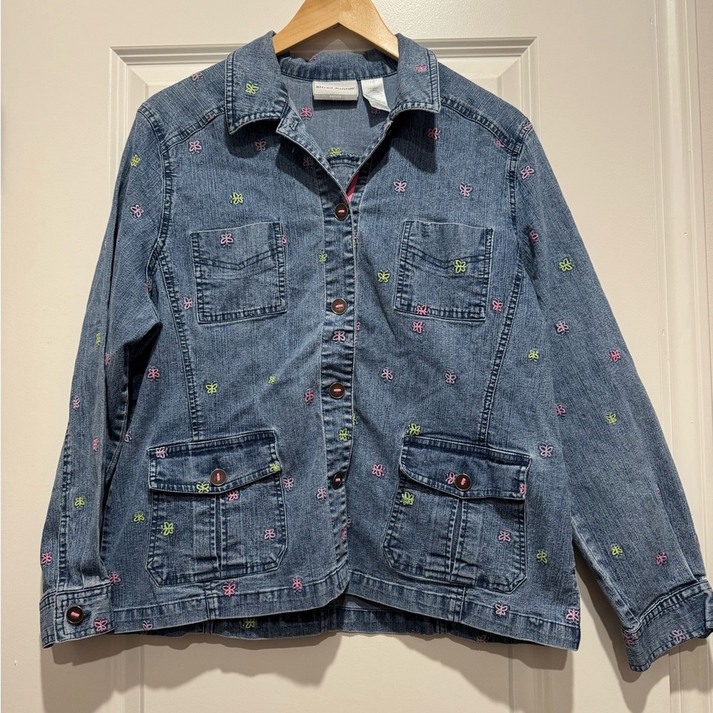 Vintage Alfred Dunner Blue Denim Jacket Pink and Green Butterfly Embroidery 16P‎